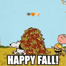 a cartoon of snoopy and charlie brown standing next to a pile of leaves and the words `` happy fall '' .