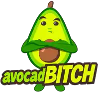 a cartoon avocado with arms crossed and the words avocadobitch below it