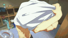 a cartoon of a man taking off his shirt in a room