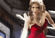 a woman in a red dress is holding a sword