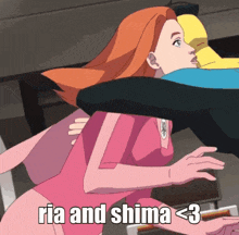 a cartoon of a woman with the words ria and shima < 3 above her