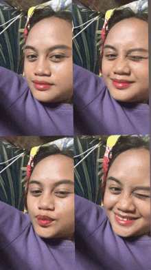 a woman in a purple shirt is smiling and making a funny face