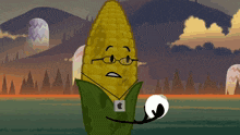 a cartoon drawing of a corn on the cob with glasses and an apple tag