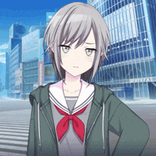 a girl in a school uniform is standing in front of a building that says plaza on it