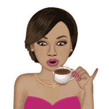 a woman in a pink dress is drinking a cup of coffee and making a funny face .
