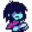 a pixel art of a person with a scarf around their neck is sitting down .