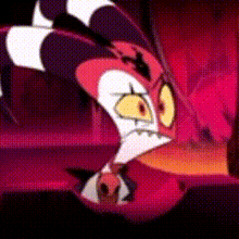 a close up of a cartoon character 's face with a red background and yellow eyes .