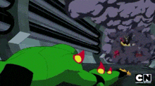 a cartoon character is laying on the ground in front of a building with a cn logo on the bottom .