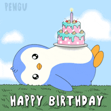 a happy birthday card with a penguin laying on the grass