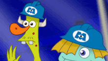 two cartoon monsters wearing blue hard hats with the letter m on them