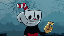 a cartoon character with a cup and a red and white striped cane on his head