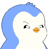a blue and white penguin with a yellow beak looks at the camera