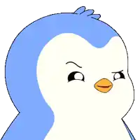 a blue and white penguin with a yellow beak looks at the camera