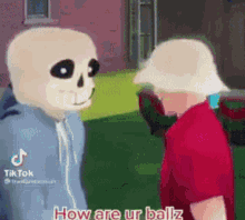 a cartoon of a skeleton talking to a man in a red shirt .