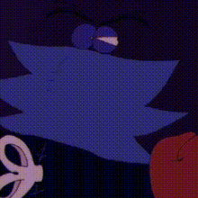 a close up of a cartoon character with a blue hat and a purple face .