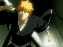 a man with orange hair is holding a sword in a dark room with the words " bleach " on the bottom
