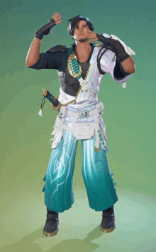 a man in a blue and white costume with a sword in his hand
