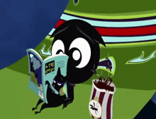 a cartoon character is reading a book with chinese writing