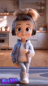 a cartoon girl wearing headphones and a jacket is standing in a kitchen