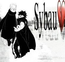 a black and white drawing of two men standing next to each other with sybau written on the bottom
