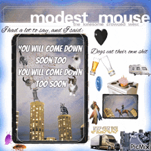 a poster that says modest mouse and has a picture of cats on a building