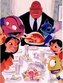 a group of cartoon characters sitting around a table with a man holding a plate of food