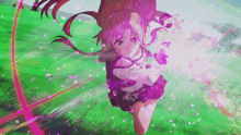 a girl with purple hair is flying through the air in a field surrounded by cherry blossoms .