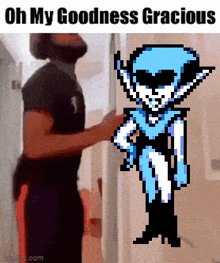 a man standing next to a pixel art character that says " oh my goodness gracious "