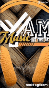 a picture of a pair of headphones with the word music on them