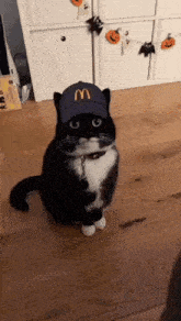 a black and white cat wearing a mcdonald 's hat is sitting on the floor .
