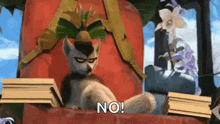 a cartoon cat is sitting in a chair with a stack of books and says `` no '' .