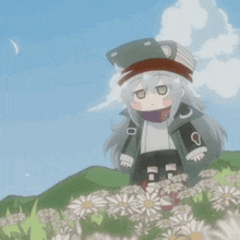 a cartoon character is standing in a field of daisies with her eyes closed