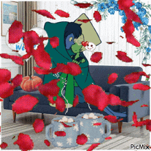 a cartoon of a couple sitting on a couch with leaves falling around them and a picmix logo in the corner