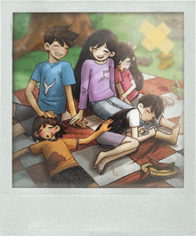a picture of a family laying on a blanket with a bandage on their arm