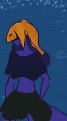 a drawing of a person with a fish head on their head