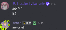 a screenshot of a discord conversation with xenon and dev