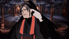 a cartoon of a man in a black cape with a red scarf around his neck
