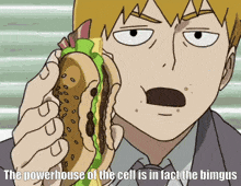 a cartoon of a man eating a hamburger with the words " the powerhouse of the cell is in fact the himgus "