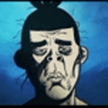 a cartoon of a man with a bun on his head is looking at the camera .
