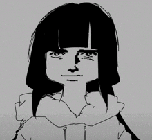 a black and white drawing of a girl with long hair and a hoodie