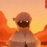 a cartoon character is standing in front of a desert landscape .
