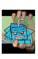 a person holding a picture of a robot with a cartoon network logo on it