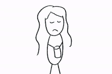 a black and white drawing of a woman with long hair and a sad face