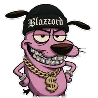 a cartoon dog wearing a black beanie and a gold chain with the word blazzard on it