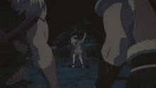 a cartoon character is tied up and standing in the dark with two other characters