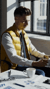 a man wearing a yellow vest and tie sits at a desk with a cup of coffee