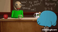 a cartoon character sitting at a desk in front of a blackboard that says canon