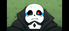 a cartoon drawing of a skeleton with a red eye and blue tears on his face .