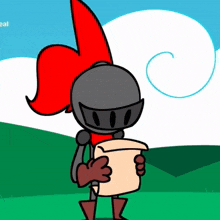 a cartoon of a knight holding a piece of paper with the word cereal in the background