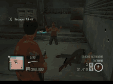 a man is holding a gun in a video game with a man laying on the floor